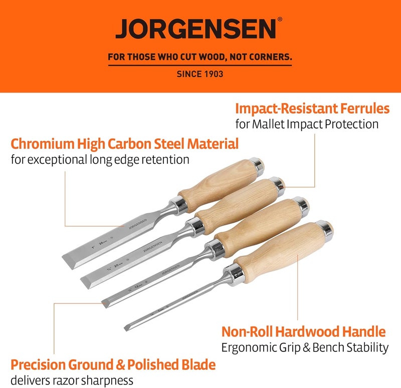 Jorgensen 4-Piece Wood Chisel Set, Chromium Alloy Steel Beveled Edge Wood Chisels, Wood Chisels for Woodworking, Ergonomic Hardwood Handle with Metal Ferrule, 1/4", 1/2", 3/4", 1" - Image 2